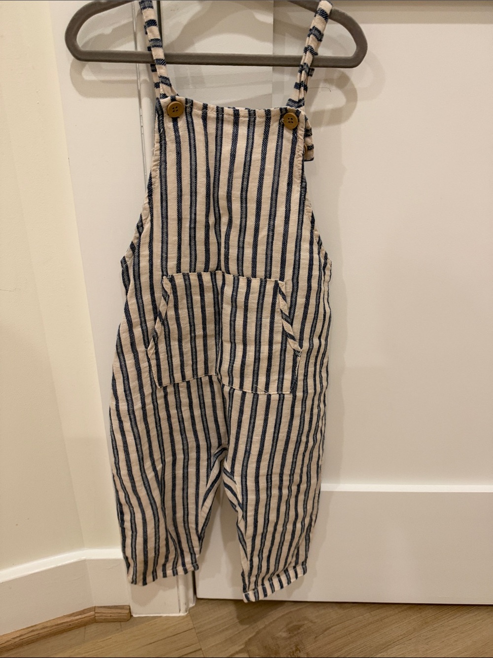 Zara Blue & Cream Striped Linen-Blend Overalls Jumpsuit